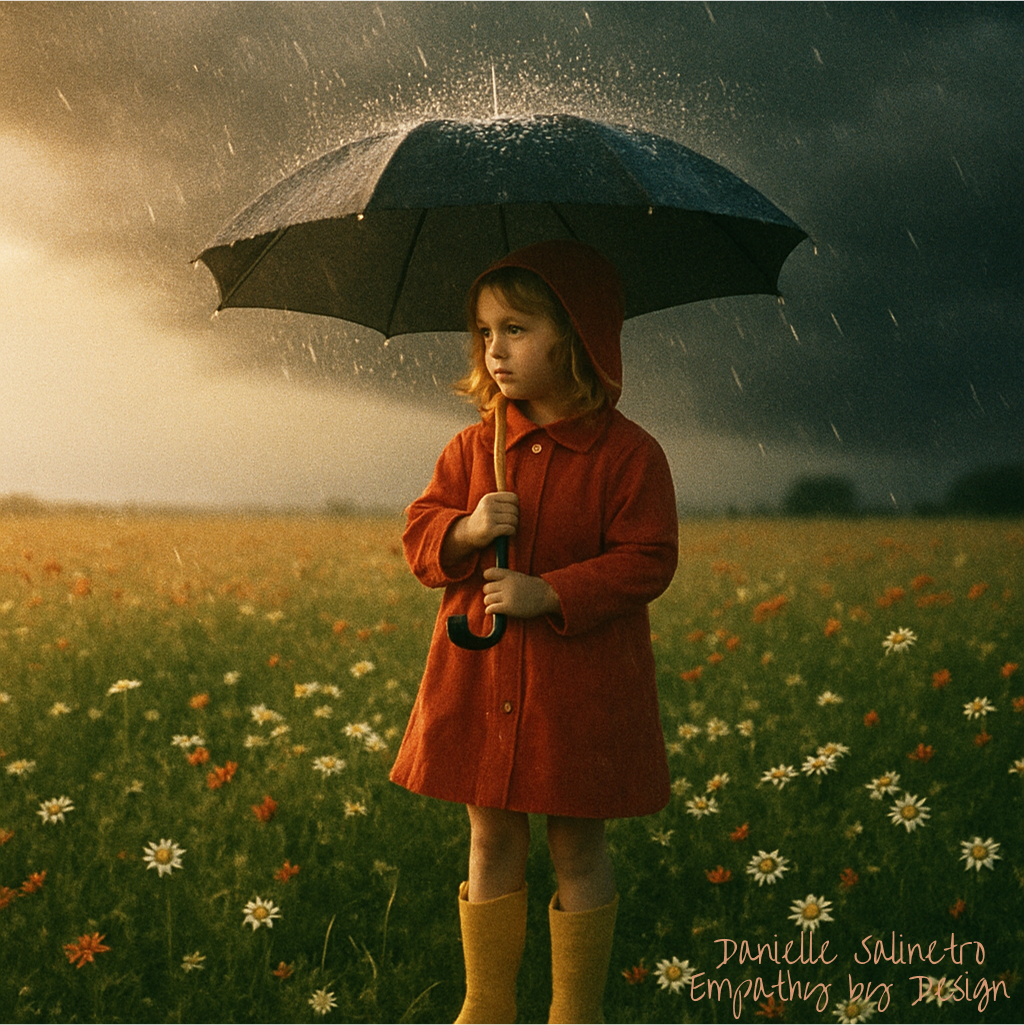 Child in a red coat holding an umbrella in a rain-dappled wildflower field under dark storm clouds.